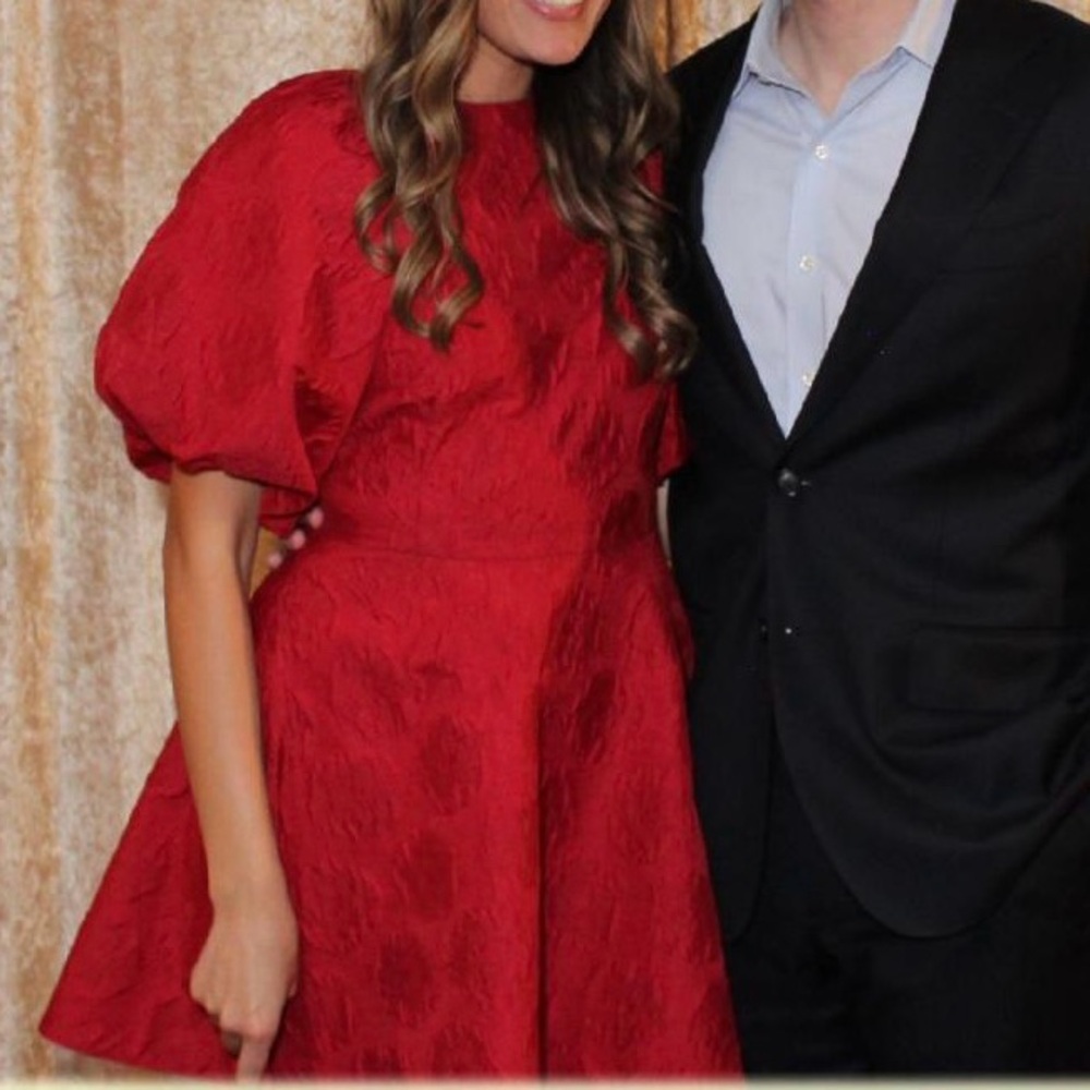 H&M Red Jacquard Puff Sleeve Dress with Bow Details